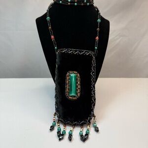 Vintage Velvet Bohemian Beaded Pouch Necklace w/ Turquoise Accent 4 Glasses Etc